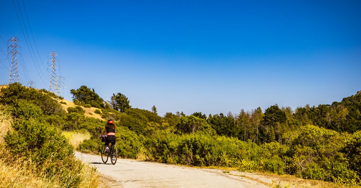 A woman riding a bicycle on a scenic rural road surrounded by lush greenery and clear blue sky.